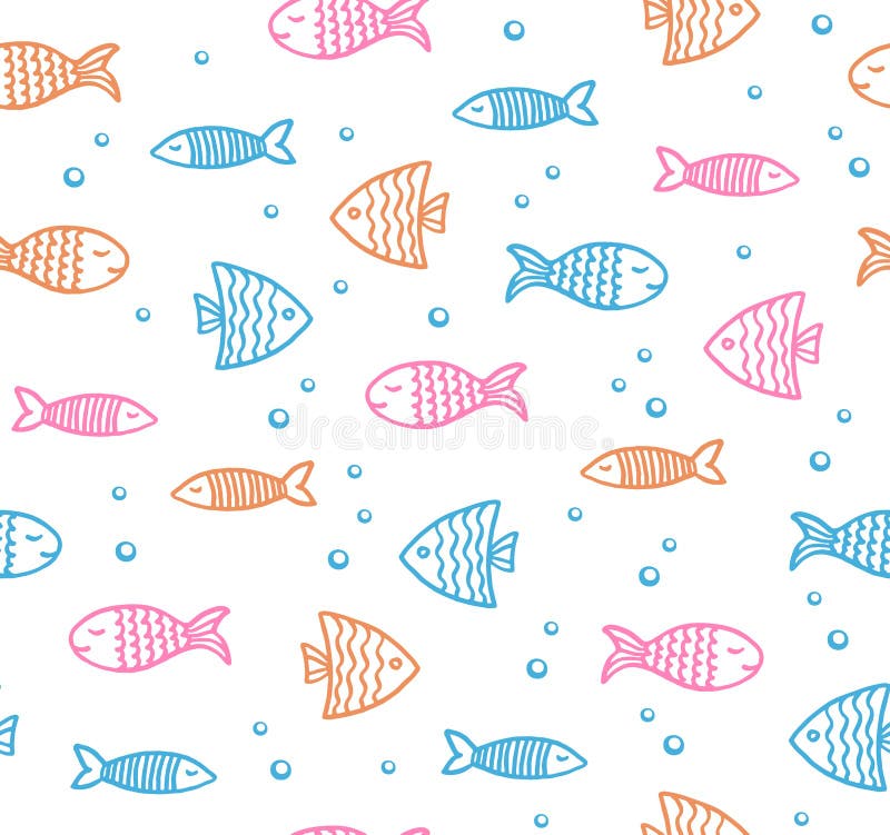 Funny fish outline pattern on white background with bubbles