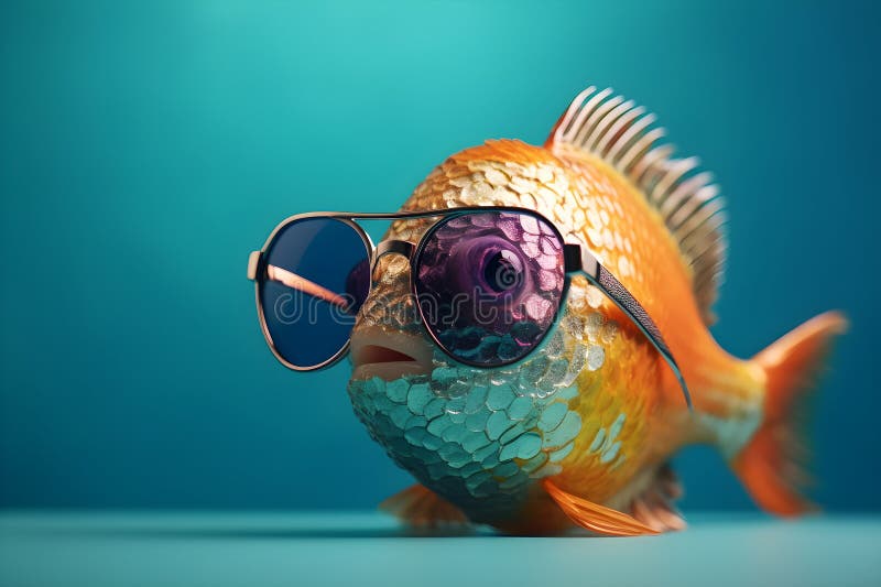 Funny Fish Wearing Sunglasses in Studio with a Colorful and Bright