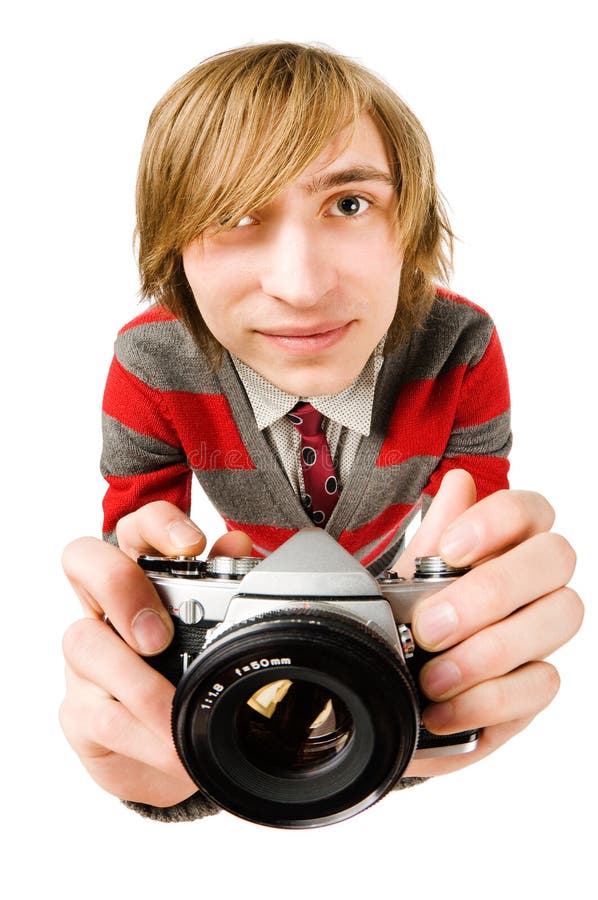 Funny fisheye portrait of man with camera