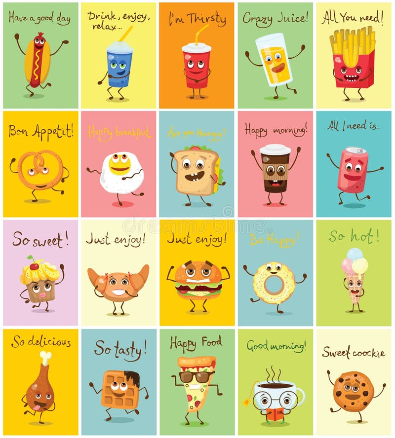 Funny food characters vector illustrations