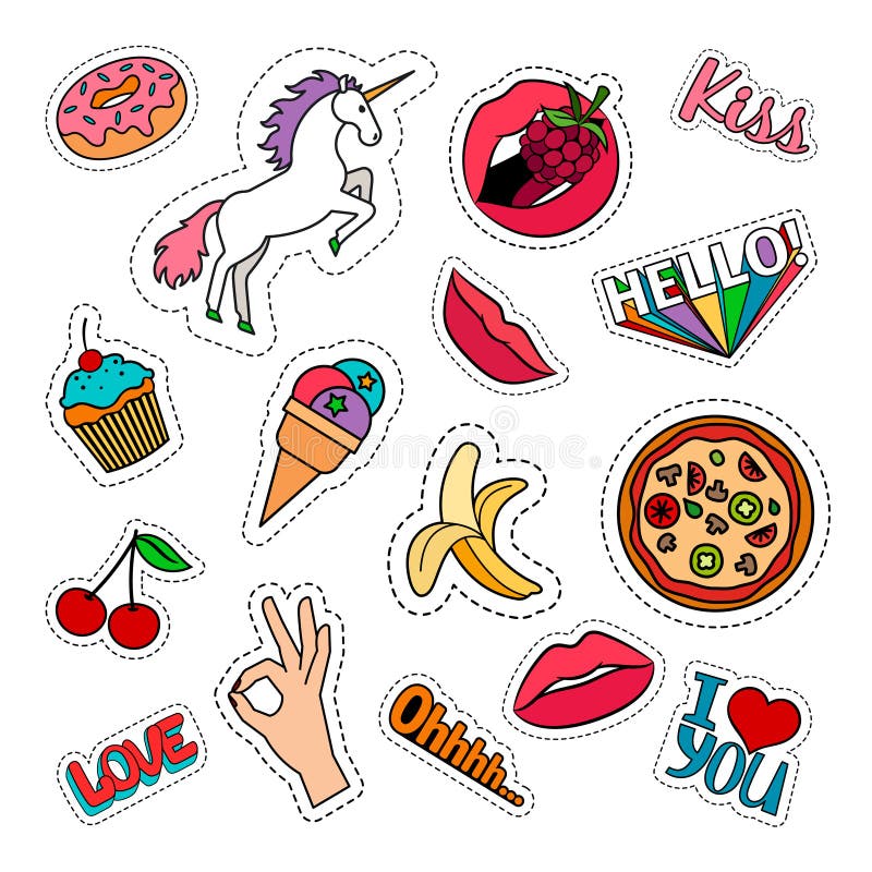 Funny food stickers set stock vector. Illustration of happy - 86692944