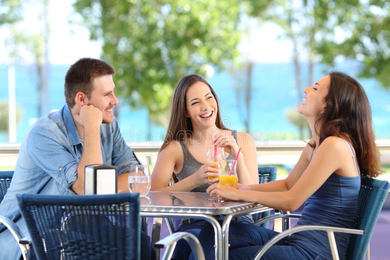 Three Happy Friends Talking Laughing Coffee Shop Terrace Stock Photos ...