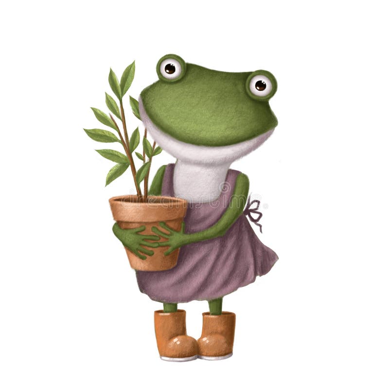 Funny frog in the garden with plant, watercolor style illustration, summer clipart with cartoon character vector illustration