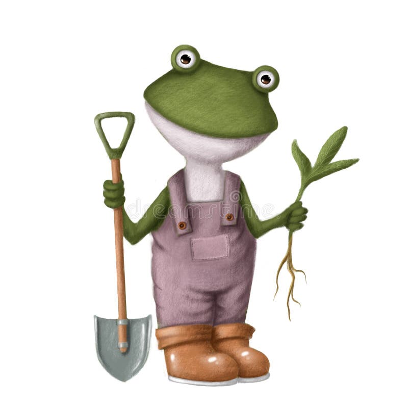 funny frog in the garden, watercolor style illustration, summer clipart with cartoon character vector illustration
