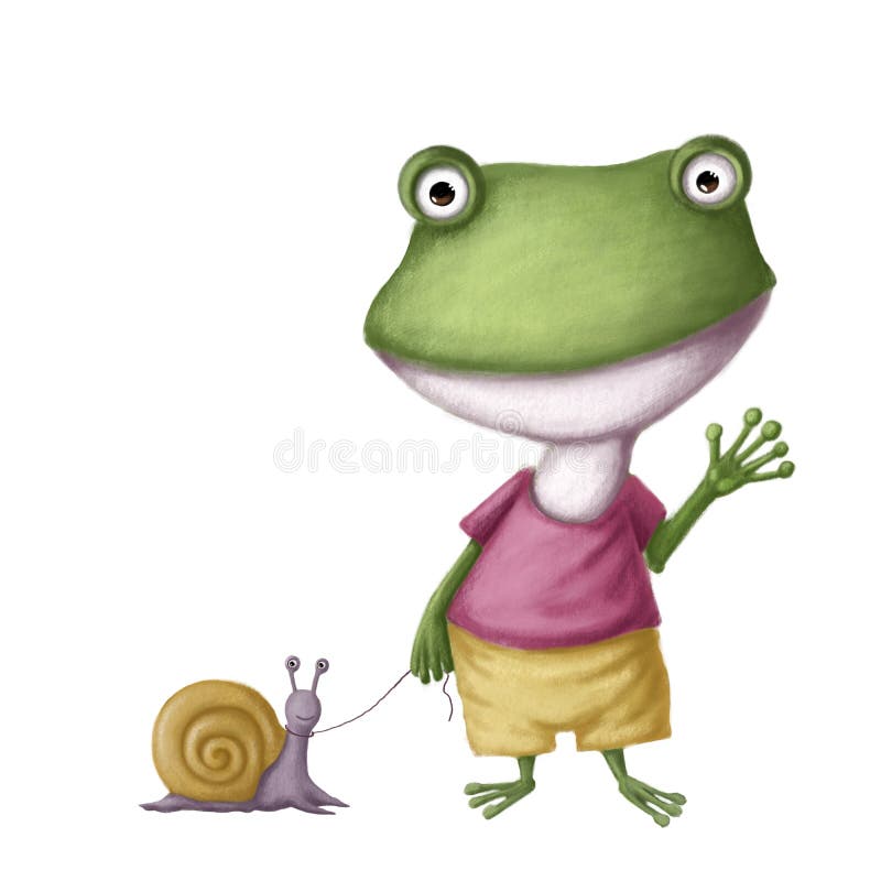 Funny frog with snail as pet, watercolor style illustration, wall sticker with cartoon character stock illustration