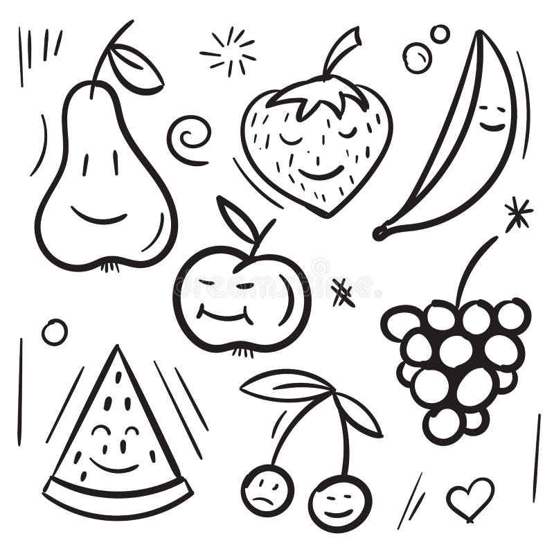 Fruits and berries pear, apple, banana, cherry, strawberry, watermelon and grape hand drawing on white background