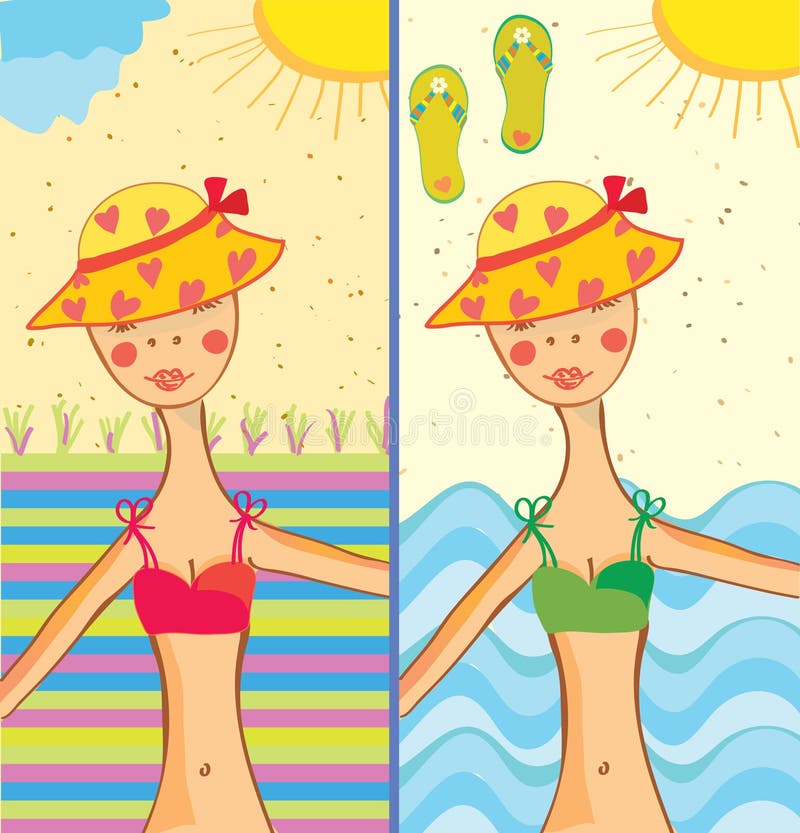 Funny girl on the beach cartoon