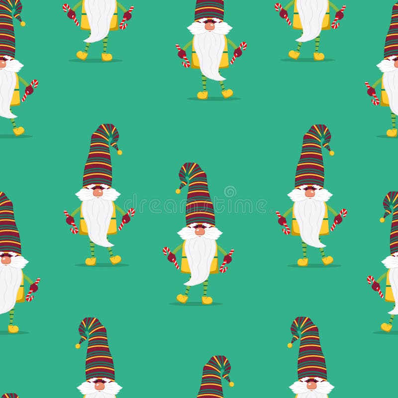 Funny Gnomes with Gifts Seamless Pattern. Cheerful Gnomes in Hats