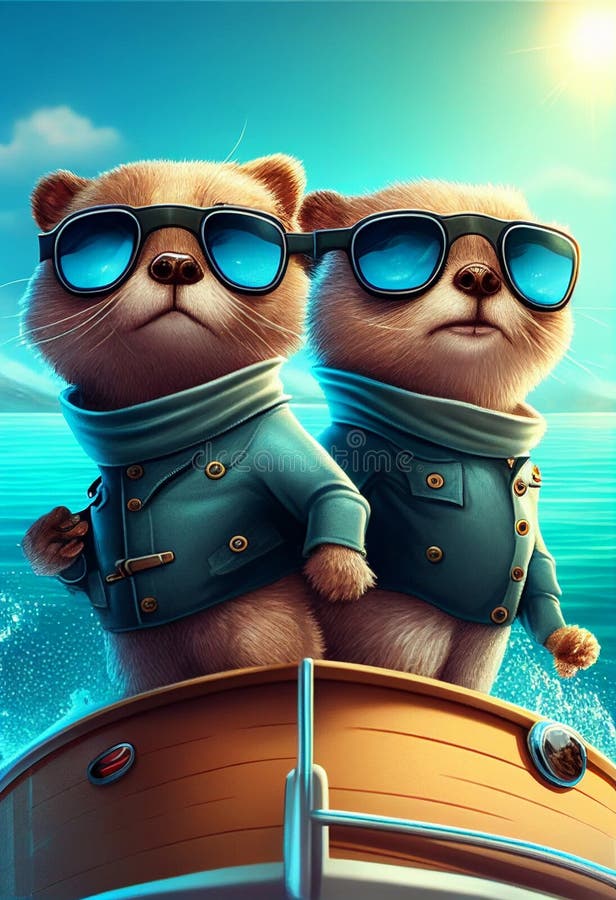 Funny gophers in jackets and sunglasses travels on a yacht. AI Generated.