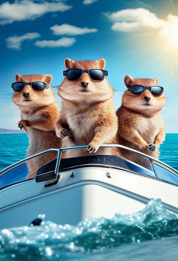 Funny gophers in jackets and sunglasses travels on a yacht. AI Generated.