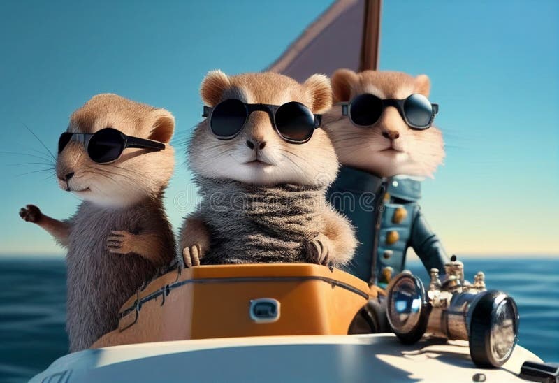 Funny gophers in jackets and sunglasses travels on a yacht. AI Generated.