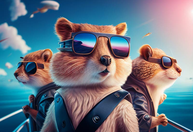 Funny gophers in jackets and sunglasses travels on a yacht. AI Generated.