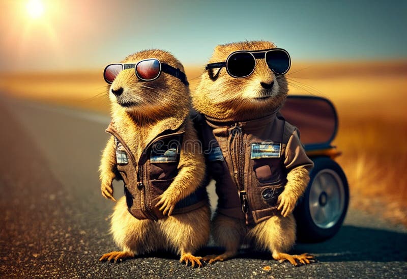 Funny gophers wearing a jacket and sunglasses on the road. AI Generated.