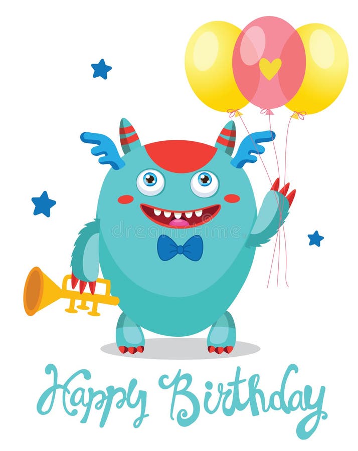 Funny Greeting Card. Birthday Theme. Monsters University. Cute Monster With Color Balloons. stock illustration Funny Greeting Card. Birthday Theme. Monsters University. Cute Monster With Color Balloons. stock illustration
