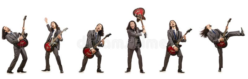 The funny guitar player isolated on white stock image