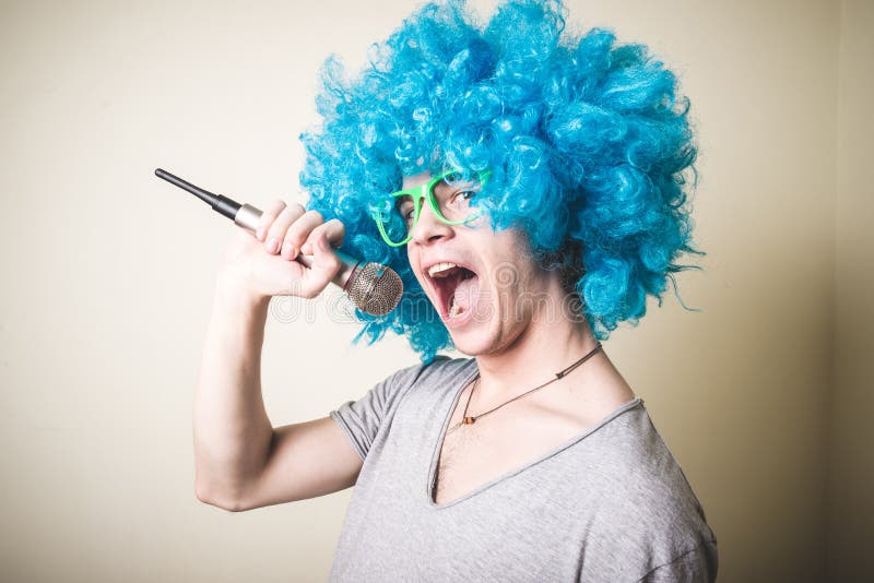 Funny Guy with Blue Wig Singing Stock Image Image of colorful