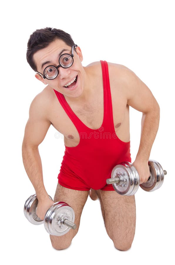 Funny Guy Exercising with Dumbbells Stock Photo Image of sport, adult