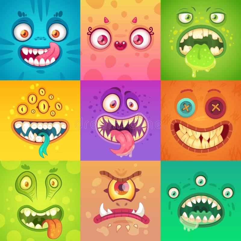 Funny halloween monsters. Cute and scary monster face with eyes and mouth. Strange creature mascot character vector