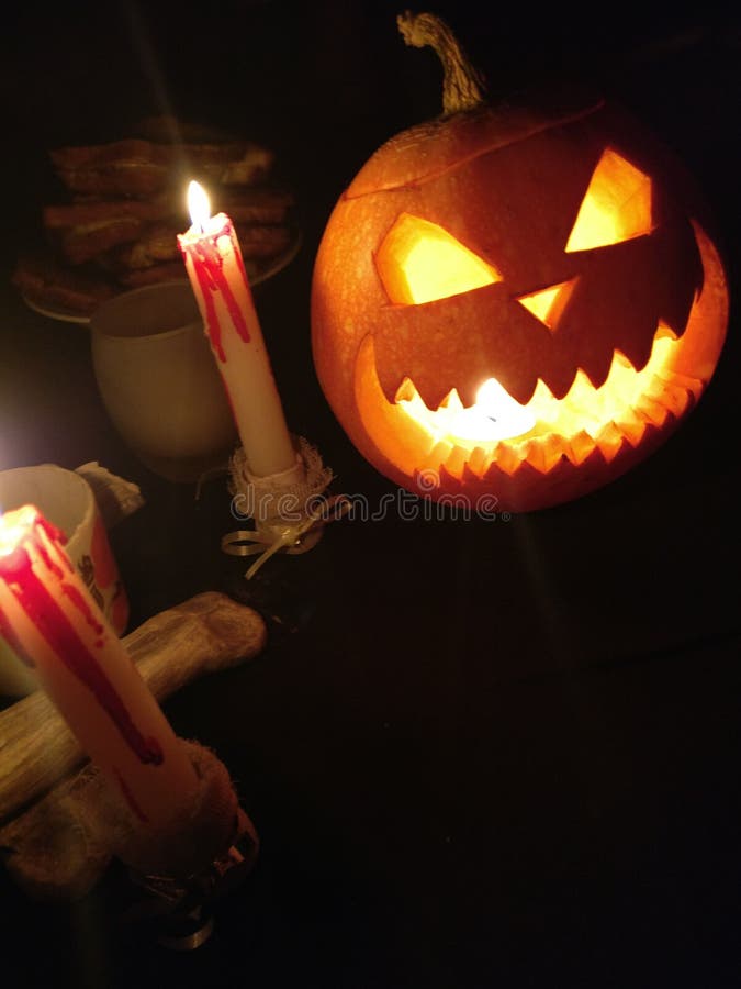 Funny Halloween Pumpkin and Burning Candles Stock Image Image of