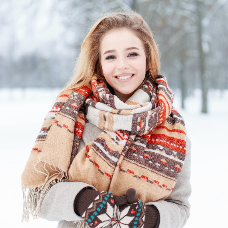 Funny Happy Young Woman with Beautiful Smile in Winter Stylish Clothes ...