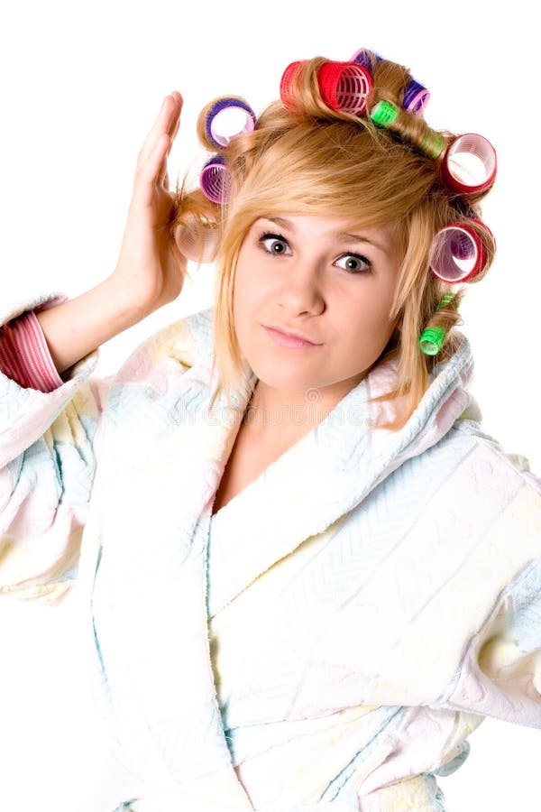 Funny housewife with curlers stock images.