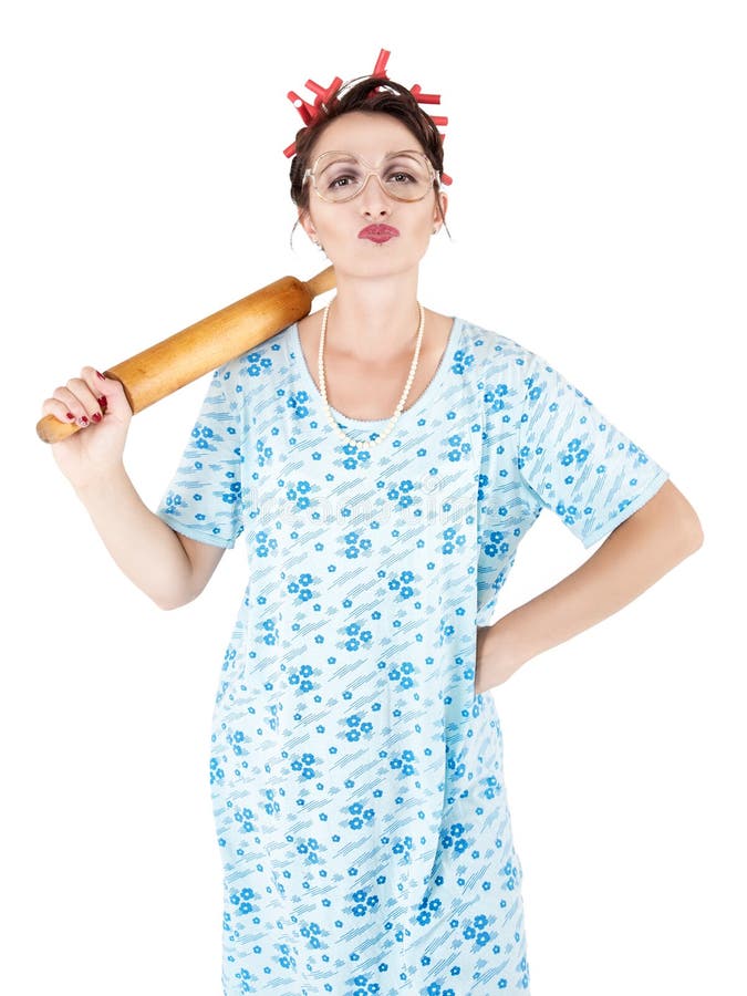 Funny housewife with rolling pin kissing you