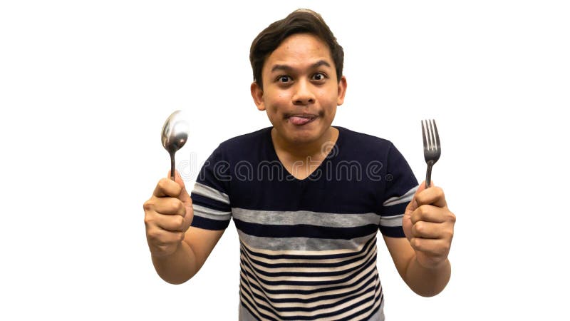 Funny and Hungry Face Expression of Young Asian Malay Man with Strips  T-shirt Holding a Spoon and Fork Ready To Eat Stock Image - Image of knife,  appearance: 178632661