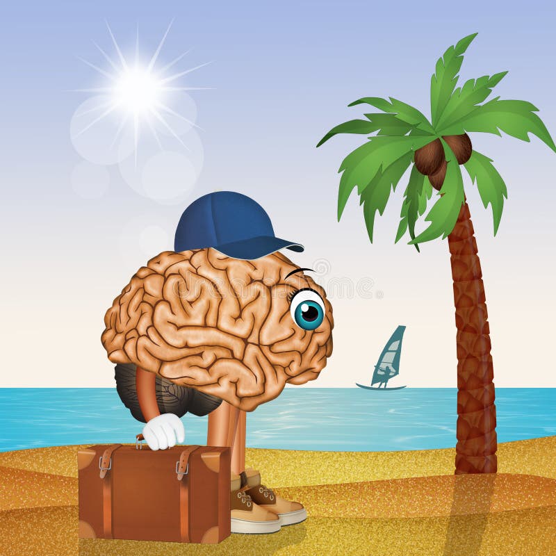 Funny illustration of brain on vacation on the beach. Brain disconnect illustrations