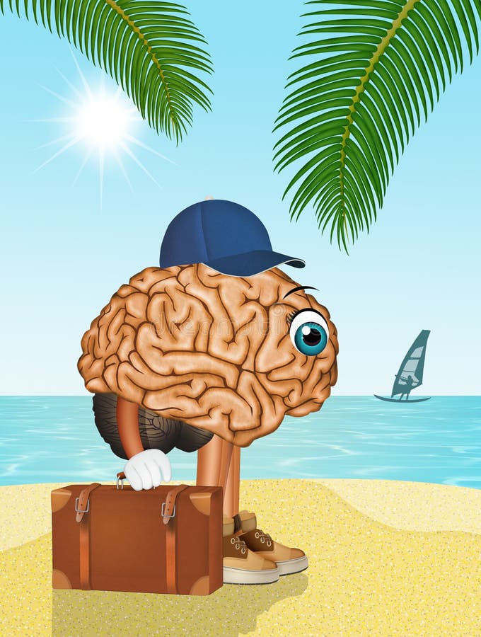 Funny illustration of brain on vacation. Brain disconnect illustrations