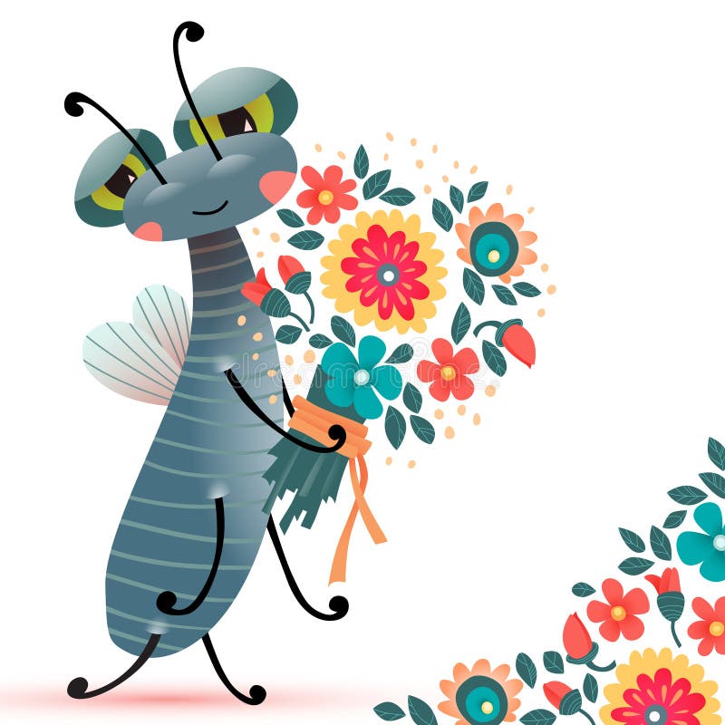 Funny insect with a bouquet vector illustration