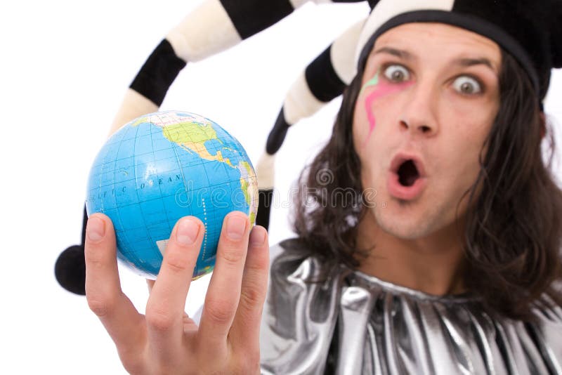 Funny jester with globe