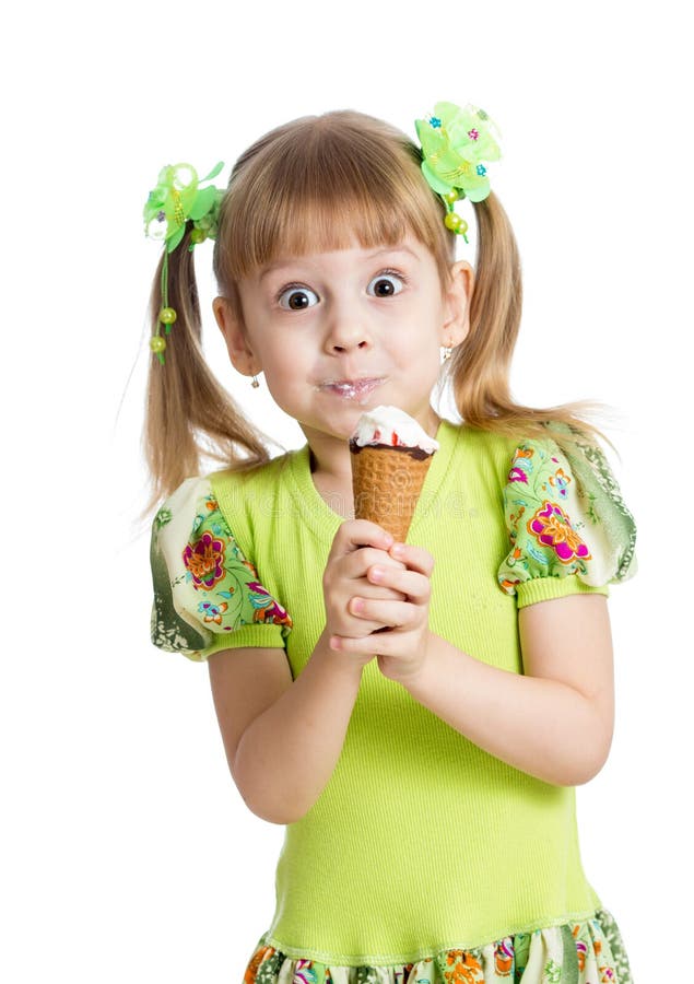 Funny kid girl eating ice cream isolated