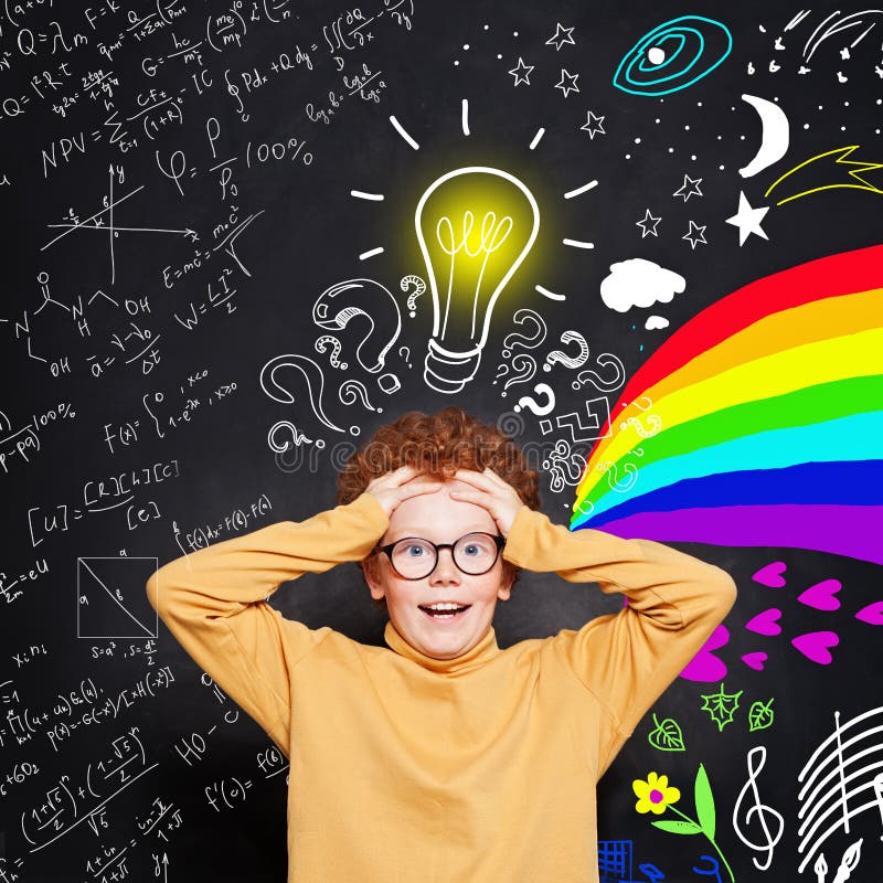 Funny kid. How do I choose the right career path? Child student boy with science and art pattern on blackboard background stock images Funny kid. How do I choose the right career path? Child student boy with science and art pattern on blackboard background stock images