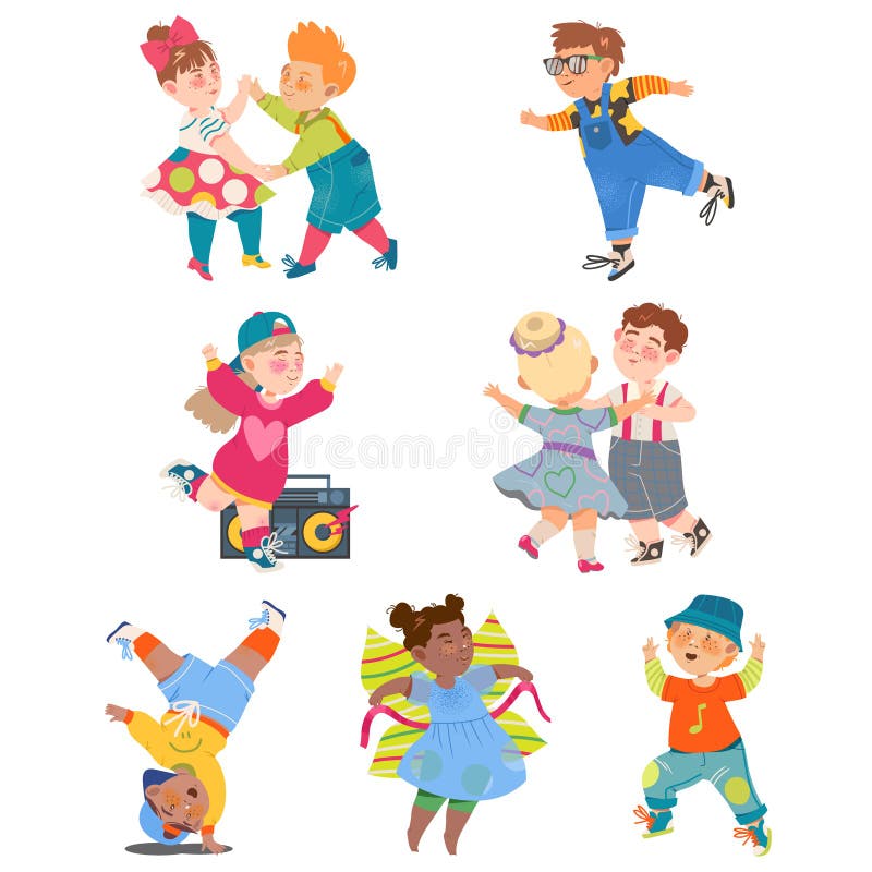 Funny Kids Dancing and Moving to Music Vector Set