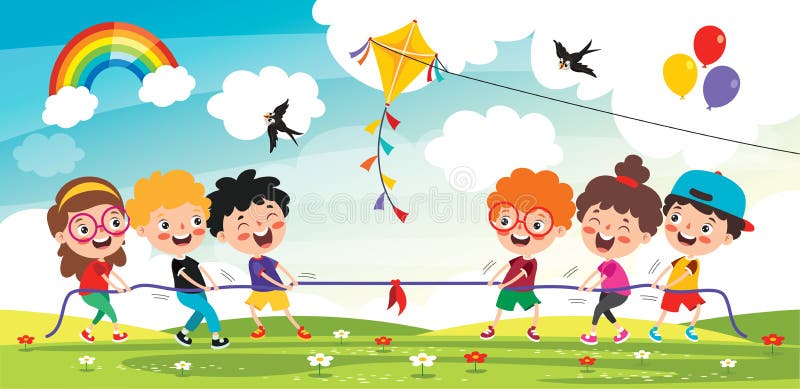Funny Kids Playing Pulling Rope vector illustration