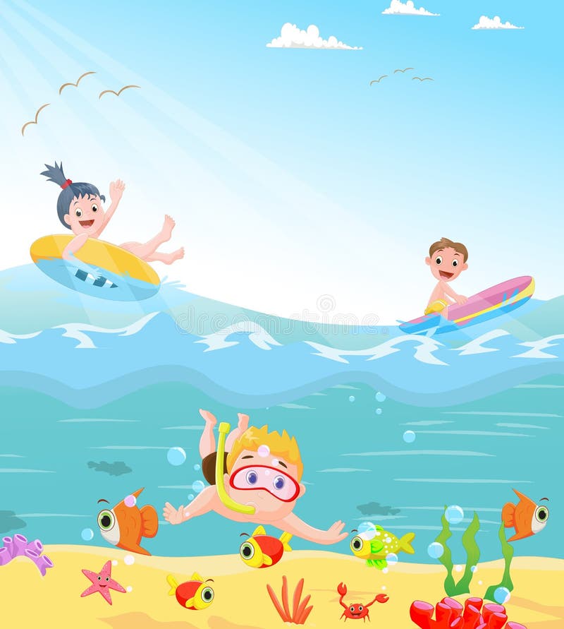 Funny kids swimming theme stock vector. Illustration of cheerful - 71161527