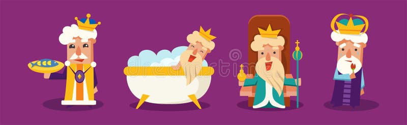 Funny King Character with Beard and Crown Engaged in Different Activity Vector Set royalty free illustration