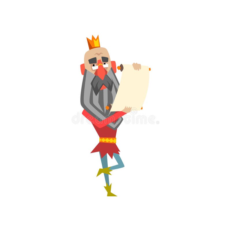 Funny king character holding paper scroll, king making an announcement cartoon vector Illustration vector illustration