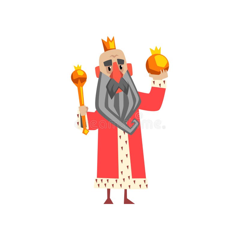 Funny king character in red mantle holding orb and scepter cartoon vector Illustration royalty free illustration