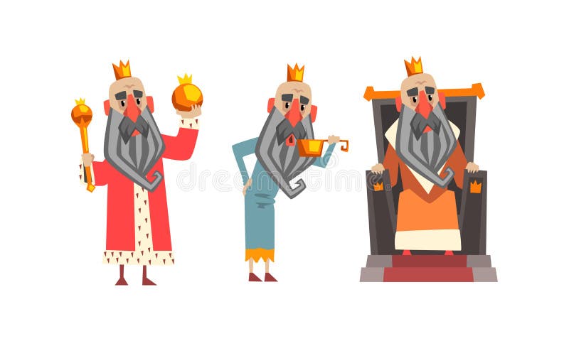 Funny King Character Set, Old Comic Bald Bearded King Wearing Gold Crown, Mantel in Various Actions Cartoon Style Vector stock illustration