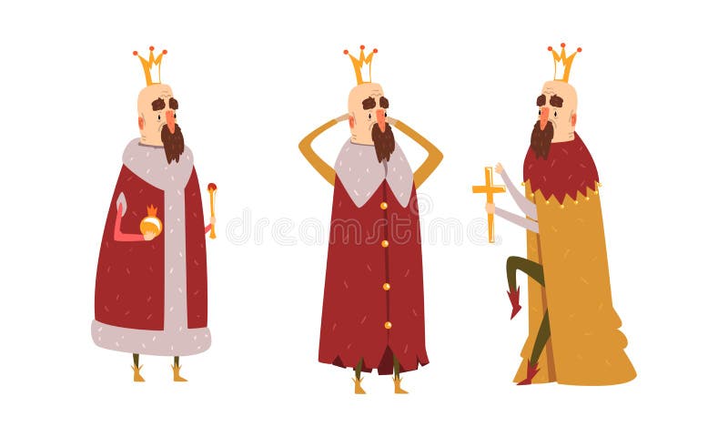 Funny King Character Set, Old Comic Bald Bearded King Wearing Gold Crown and Mantel in Various Actions Cartoon Style royalty free illustration