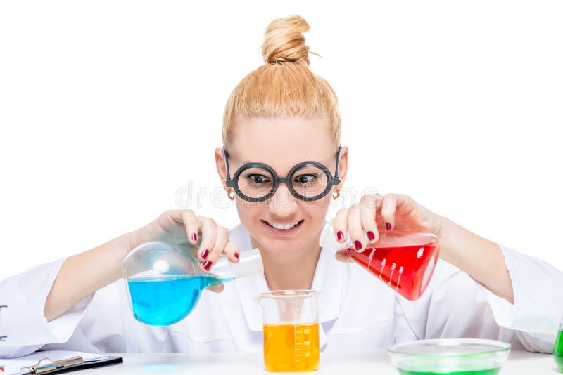 Funny laboratory assistant chemist mixes fluids