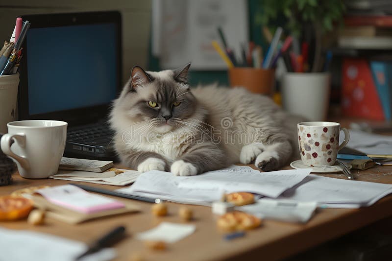 Cat fully checked out amid coffee cup graveyard