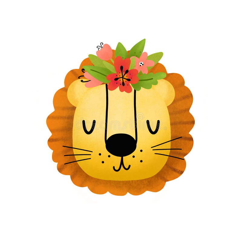 Funny Lion with Flowers on Head Stock Illustration - Illustration of childish, decor: 176695739 Funny Lion with Flowers on Head Stock Illustration - Illustration of childish, decor: 176695739