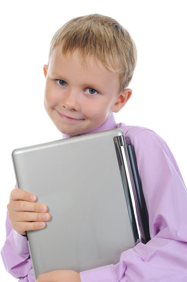 Funny little boy with laptop