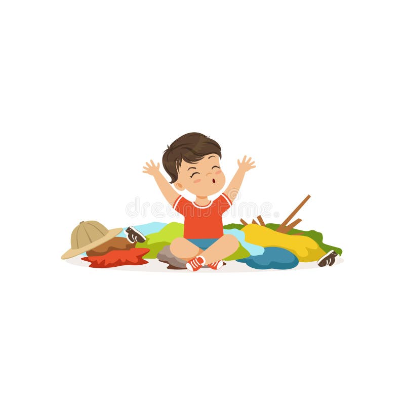 Funny little bully boy sitting among scattered clothes, hoodlum cheerful little kid, bad child behavior vector Illustration on a white background