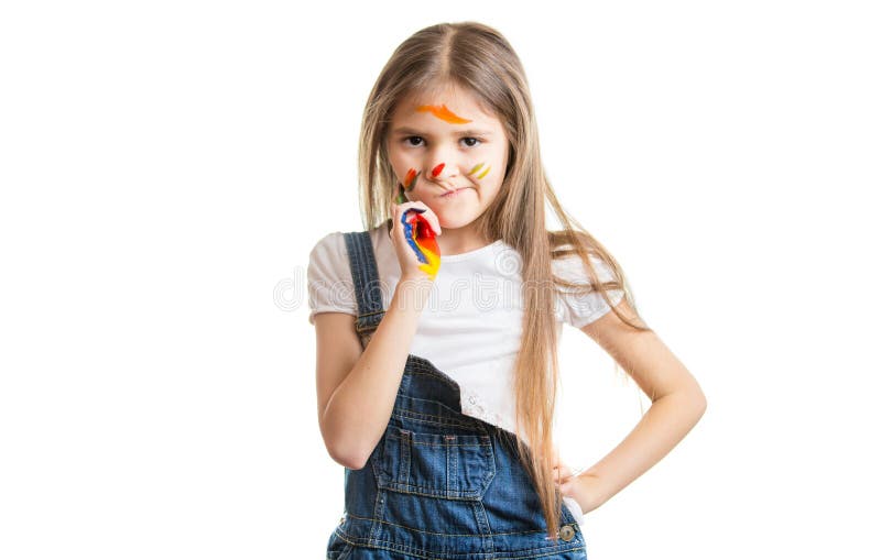 Funny little girl painted face posing over white background stock photography Funny little girl painted face posing over white background stock photography