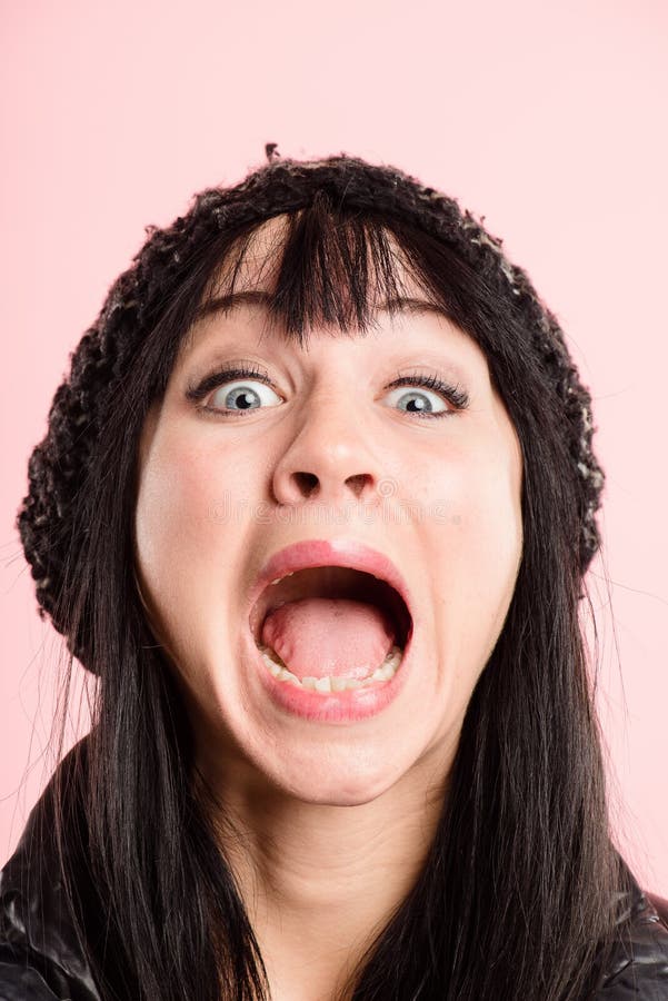 Funny Woman Portrait Real People High Definition Grey Background Stock
