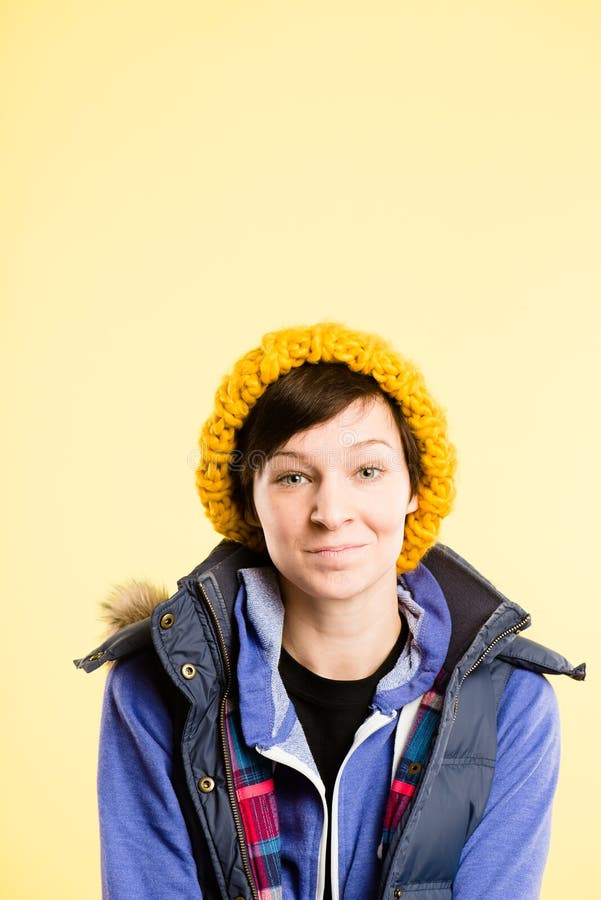 Funny Woman Portrait Real People High Definition Yellow Background