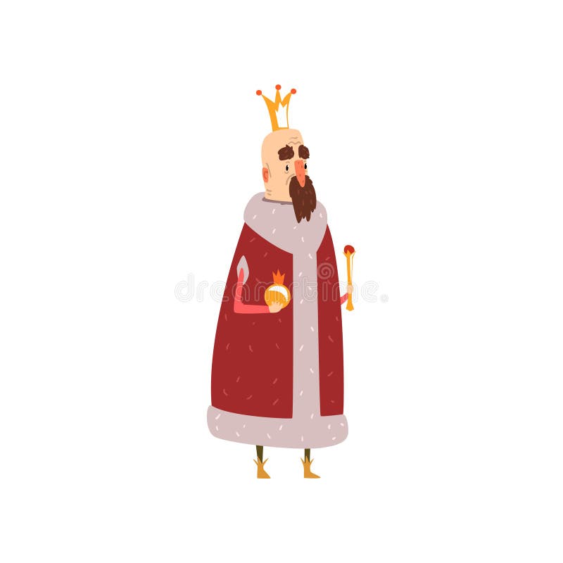 Funny mald king character in red mantle holding orb and scepter cartoon vector Illustration vector illustration